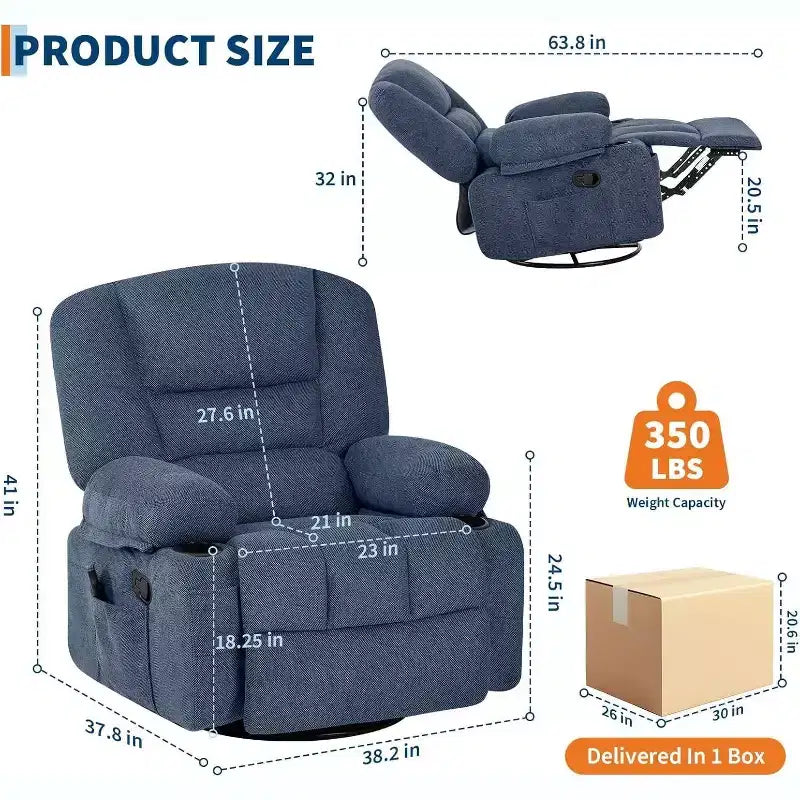 Poltrona reclinabile girevole e a dondolo oversize con massaggio rilassante e calore lombare, poltrona reclinabile manuale con portabicchieri, tessuto ciniglia/PU