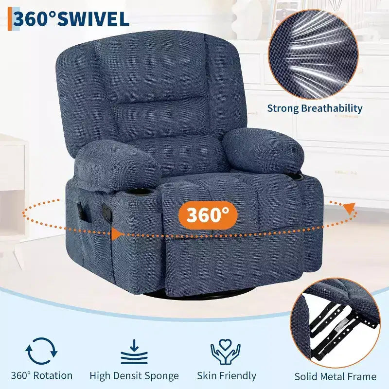 Poltrona reclinabile girevole e a dondolo oversize con massaggio rilassante e calore lombare, poltrona reclinabile manuale con portabicchieri, tessuto ciniglia/PU