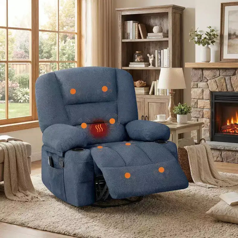 Poltrona reclinabile girevole e a dondolo oversize con massaggio rilassante e calore lombare, poltrona reclinabile manuale con portabicchieri, tessuto ciniglia/PU