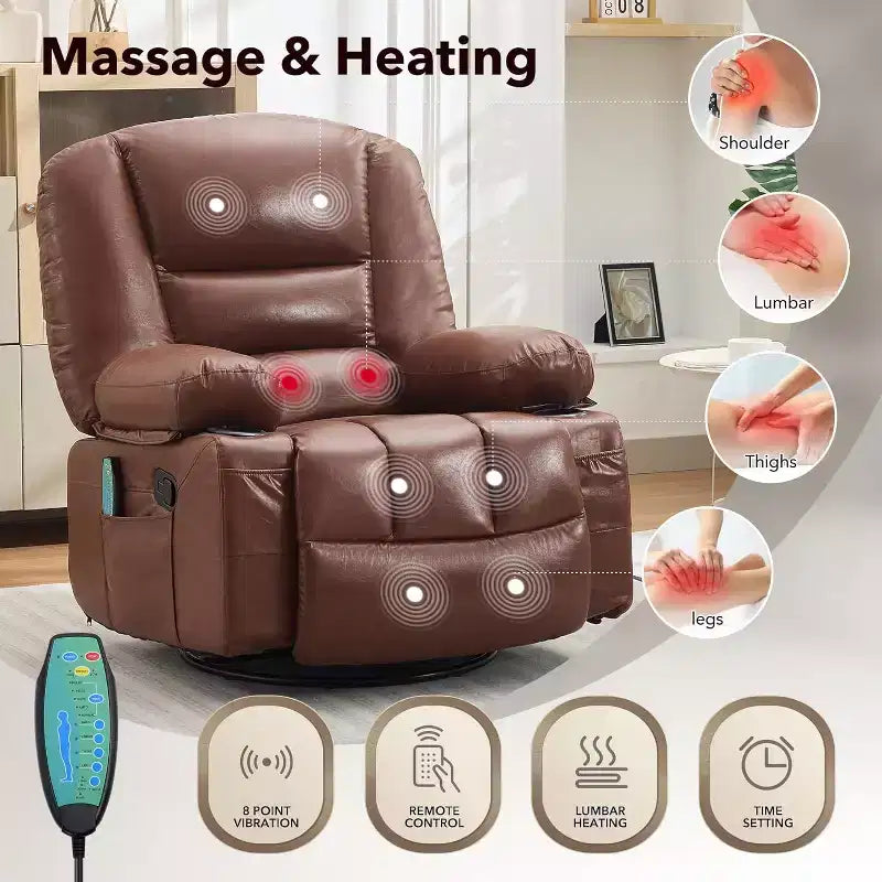 Poltrona reclinabile girevole e a dondolo oversize con massaggio rilassante e calore lombare, poltrona reclinabile manuale con portabicchieri, tessuto ciniglia/PU