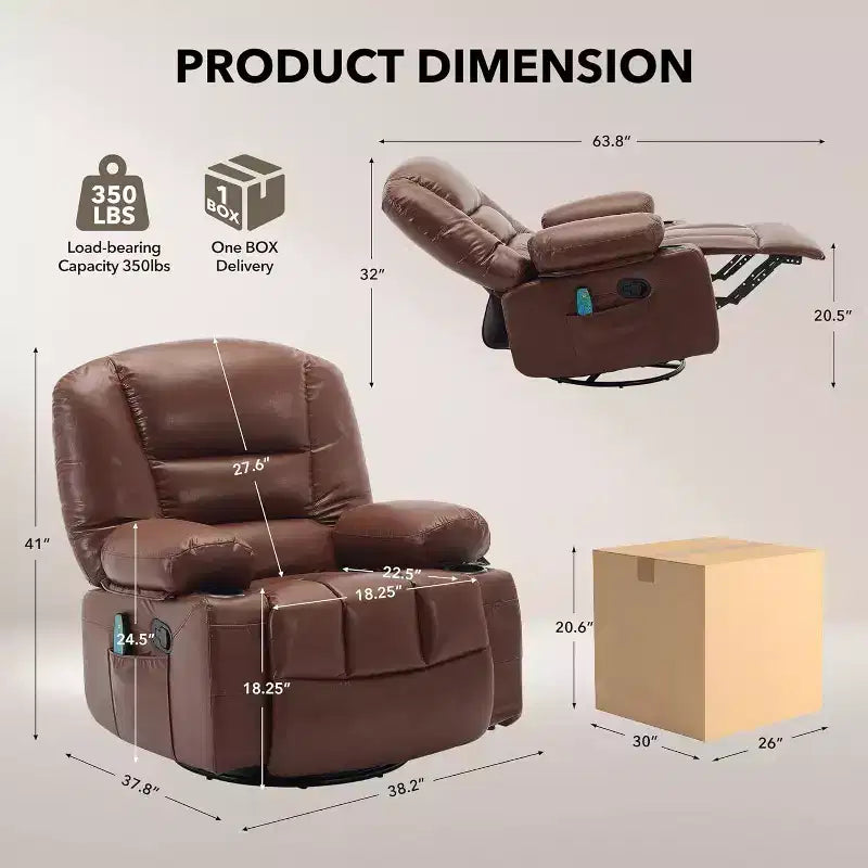 Poltrona reclinabile girevole e a dondolo oversize con massaggio rilassante e calore lombare, poltrona reclinabile manuale con portabicchieri, tessuto ciniglia/PU