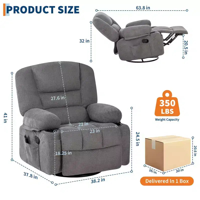 Poltrona reclinabile girevole e a dondolo oversize con massaggio rilassante e calore lombare, poltrona reclinabile manuale con portabicchieri, tessuto ciniglia/PU