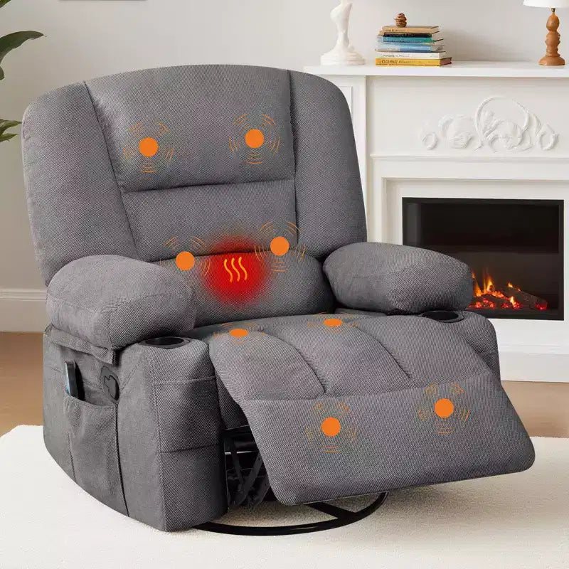 Poltrona reclinabile girevole e a dondolo oversize con massaggio rilassante e calore lombare, poltrona reclinabile manuale con portabicchieri, tessuto ciniglia/PU