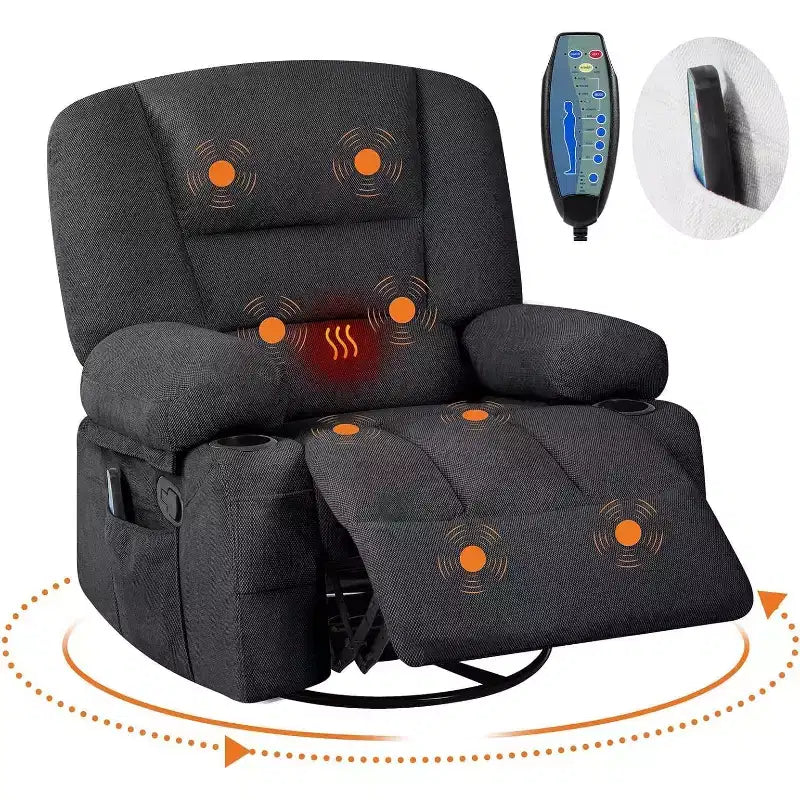 Poltrona reclinabile girevole e a dondolo oversize con massaggio rilassante e calore lombare, poltrona reclinabile manuale con portabicchieri, tessuto ciniglia/PU