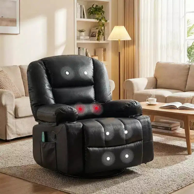 Poltrona reclinabile girevole e a dondolo oversize con massaggio rilassante e calore lombare, poltrona reclinabile manuale con portabicchieri, tessuto ciniglia/PU