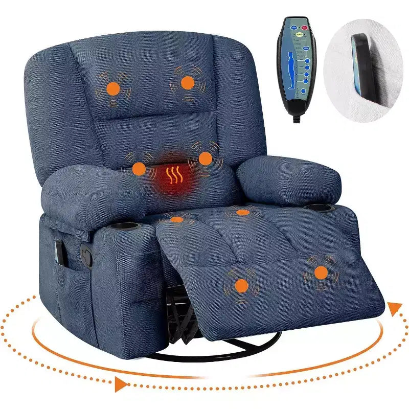 Poltrona reclinabile girevole e a dondolo oversize con massaggio rilassante e calore lombare, poltrona reclinabile manuale con portabicchieri, tessuto ciniglia/PU