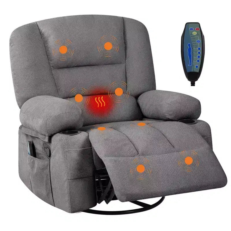 Poltrona reclinabile girevole e a dondolo oversize con massaggio rilassante e calore lombare, poltrona reclinabile manuale con portabicchieri, tessuto ciniglia/PU