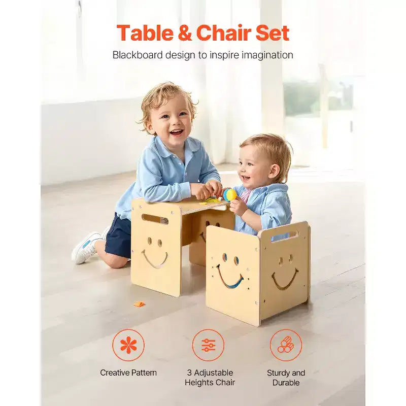 VEVOR Tavolo e Sedia Montessori per Svezzamento, Set Tavolo e Sedie 3 in 1 in Legno per Bambini con Lavagna, Tavolo Regolabile in Altezza per Età 1-5 Anni, Naturale