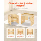 VEVOR Tavolo e Sedia Montessori per Svezzamento, Set Tavolo e Sedie 3 in 1 in Legno per Bambini con Lavagna, Tavolo Regolabile in Altezza per Età 1-5 Anni, Naturale