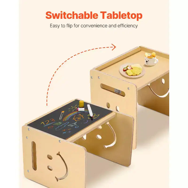 VEVOR Tavolo e Sedia Montessori per Svezzamento, Set Tavolo e Sedie 3 in 1 in Legno per Bambini con Lavagna, Tavolo Regolabile in Altezza per Età 1-5 Anni, Naturale