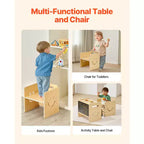 VEVOR Tavolo e Sedia Montessori per Svezzamento, Set Tavolo e Sedie 3 in 1 in Legno per Bambini con Lavagna, Tavolo Regolabile in Altezza per Età 1-5 Anni, Naturale