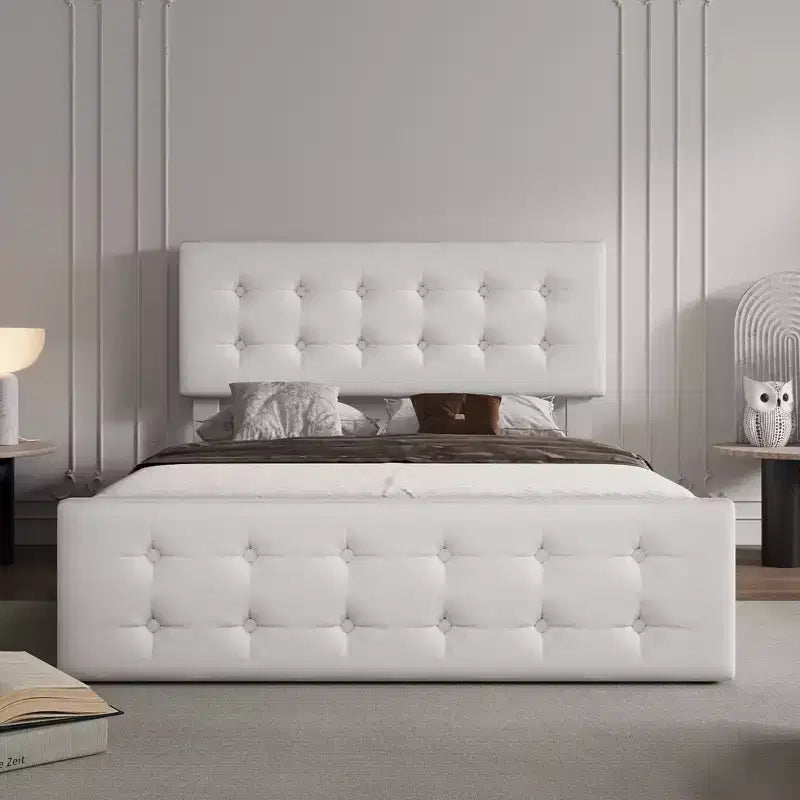 Letto matrimoniale con struttura a 4 cassetti, letto a piattaforma imbottito con testiera imbottita, robuste doghe in legno, non è necessaria la rete a molle