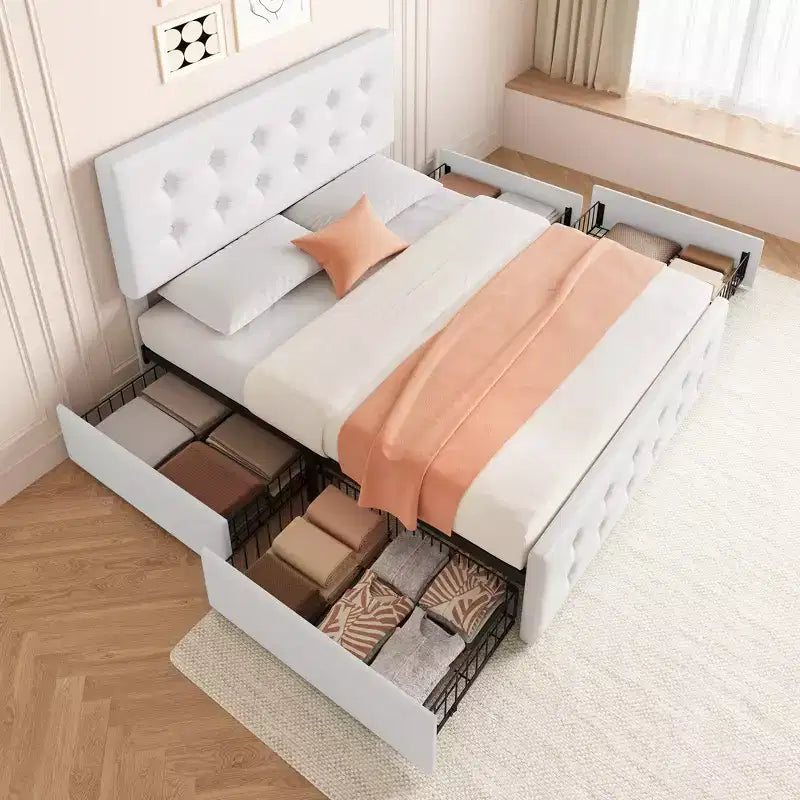 Letto matrimoniale con struttura a 4 cassetti, letto a piattaforma imbottito con testiera imbottita, robuste doghe in legno, non è necessaria la rete a molle