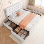 Letto matrimoniale con struttura a 4 cassetti, letto a piattaforma imbottito con testiera imbottita, robuste doghe in legno, non è necessaria la rete a molle