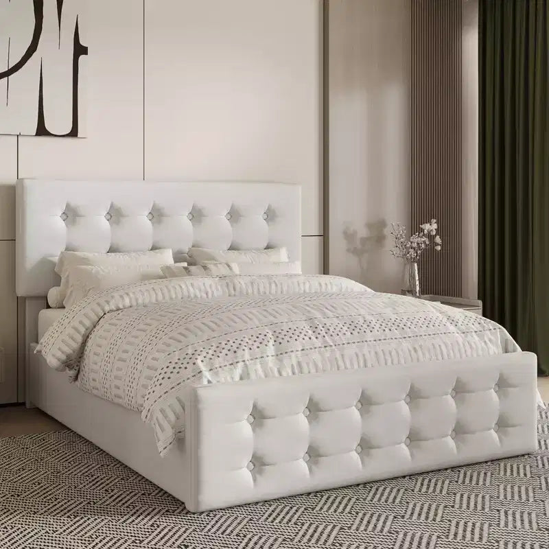 Letto matrimoniale con struttura a 4 cassetti, letto a piattaforma imbottito con testiera imbottita, robuste doghe in legno, non è necessaria la rete a molle
