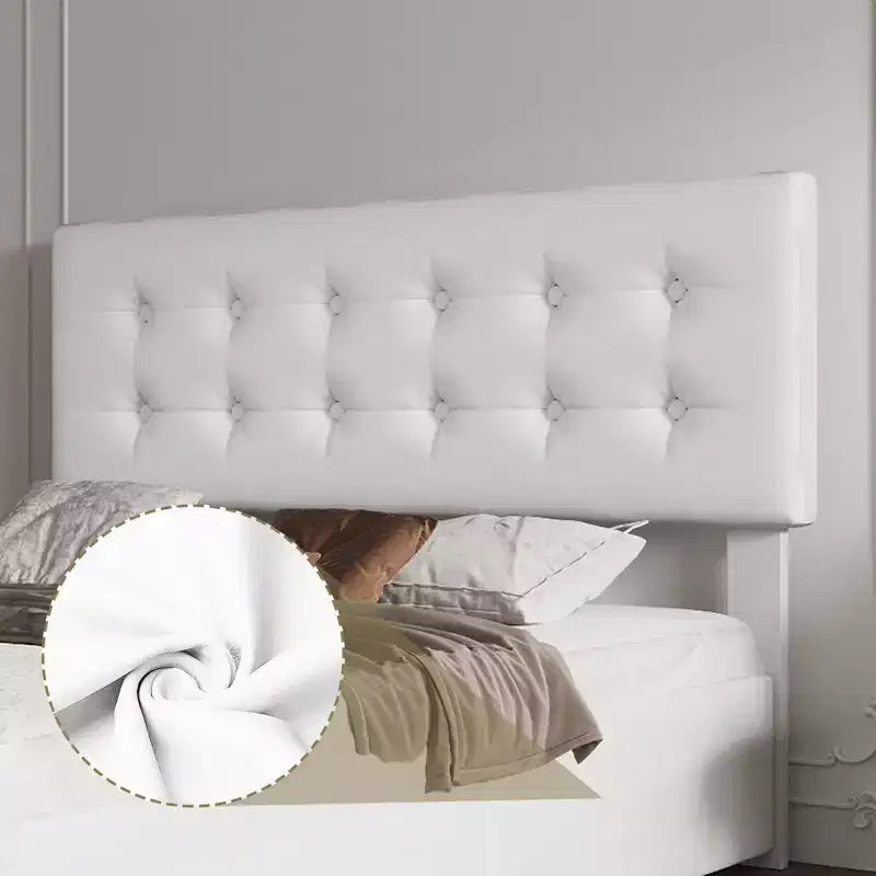 Letto matrimoniale con struttura a 4 cassetti, letto a piattaforma imbottito con testiera imbottita, robuste doghe in legno, non è necessaria la rete a molle