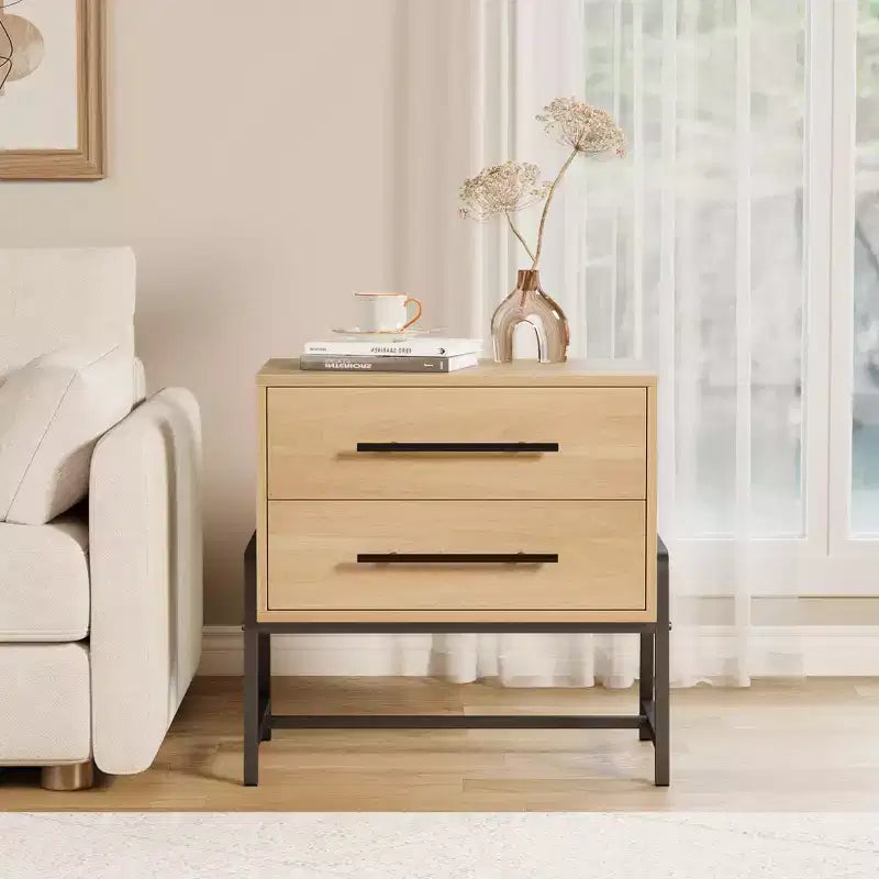 Comodino con cassetti, comodino in legno, tavolino con gambe in metallo, comodino moderno, comodini per camera da letto e soggiorno