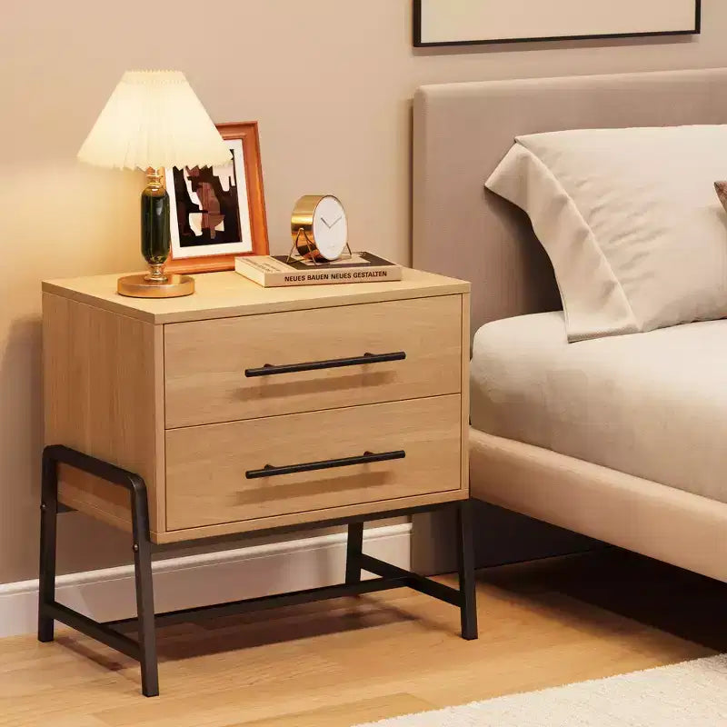 Comodino con cassetti, comodino in legno, tavolino con gambe in metallo, comodino moderno, comodini per camera da letto e soggiorno