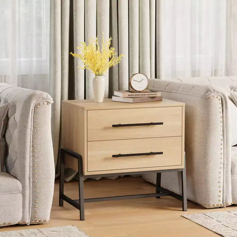 Comodino con cassetti, comodino in legno, tavolino con gambe in metallo, comodino moderno, comodini per camera da letto e soggiorno