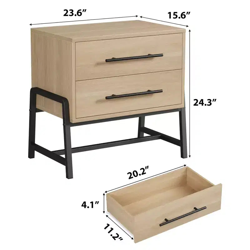Comodino con cassetti, comodino in legno, tavolino con gambe in metallo, comodino moderno, comodini per camera da letto e soggiorno