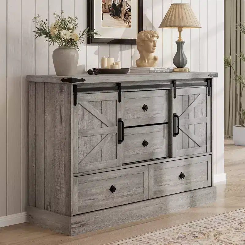 Farmhouse Dresser for Bedroom w/4 Drawers & Sliding Barn Doors,Chest of Drawers,Rustic Dresser TV Stand w/Shelf,Organizer for Living Room,Entryway