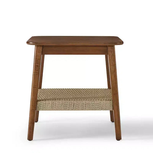 Tavolino da Salotto Mid-Century da 58 cm con Ripiano Intrecciato, Tavolino Boho con Spazio Contenitivo, Comodino per Soggiorno, Camera da Letto, Patio o Ufficio