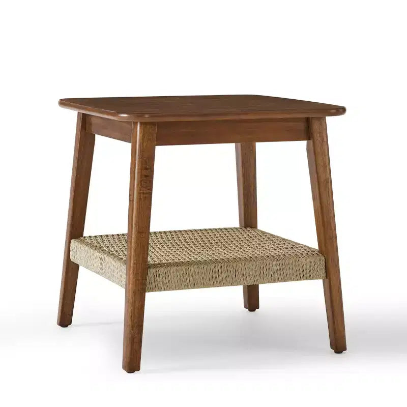 Tavolino da Salotto Mid-Century da 58 cm con Ripiano Intrecciato, Tavolino Boho con Spazio Contenitivo, Comodino per Soggiorno, Camera da Letto, Patio o Ufficio