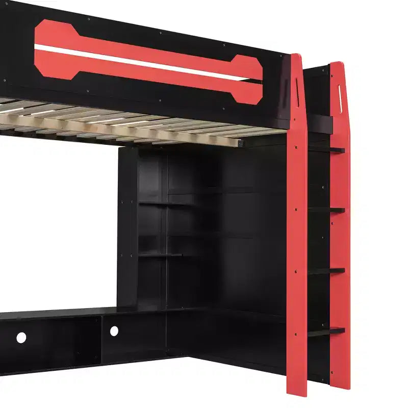 Letto a soppalco matrimoniale con scrivania, mensole, luci e stazione di ricarica, letto gaming in legno per adolescenti e adulti, nessuna molla necessaria