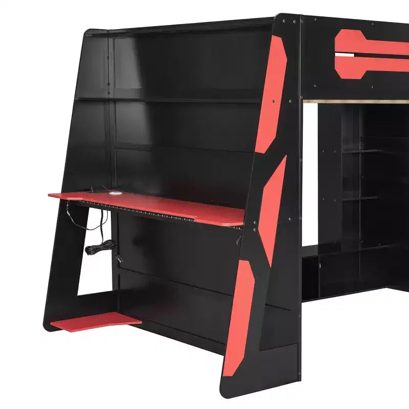 Letto a soppalco matrimoniale con scrivania, mensole, luci e stazione di ricarica, letto gaming in legno per adolescenti e adulti, nessuna molla necessaria