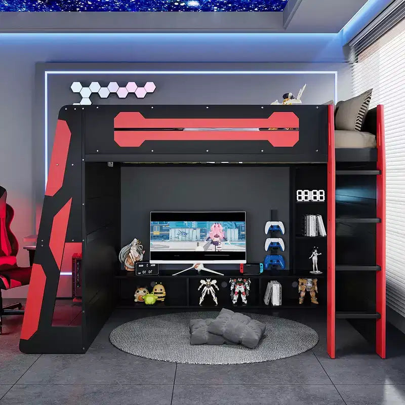 Letto a soppalco matrimoniale con scrivania, mensole, luci e stazione di ricarica, letto gaming in legno per adolescenti e adulti, nessuna molla necessaria