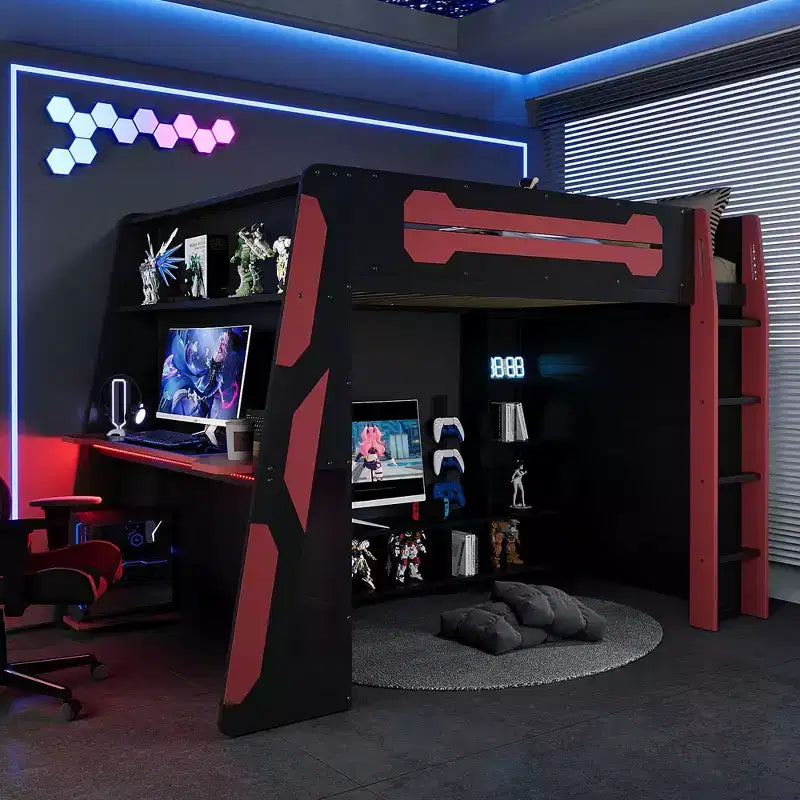 Letto a soppalco matrimoniale con scrivania, mensole, luci e stazione di ricarica, letto gaming in legno per adolescenti e adulti, nessuna molla necessaria