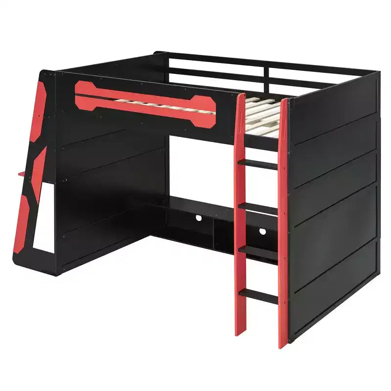 Letto a soppalco matrimoniale con scrivania, mensole, luci e stazione di ricarica, letto gaming in legno per adolescenti e adulti, nessuna molla necessaria