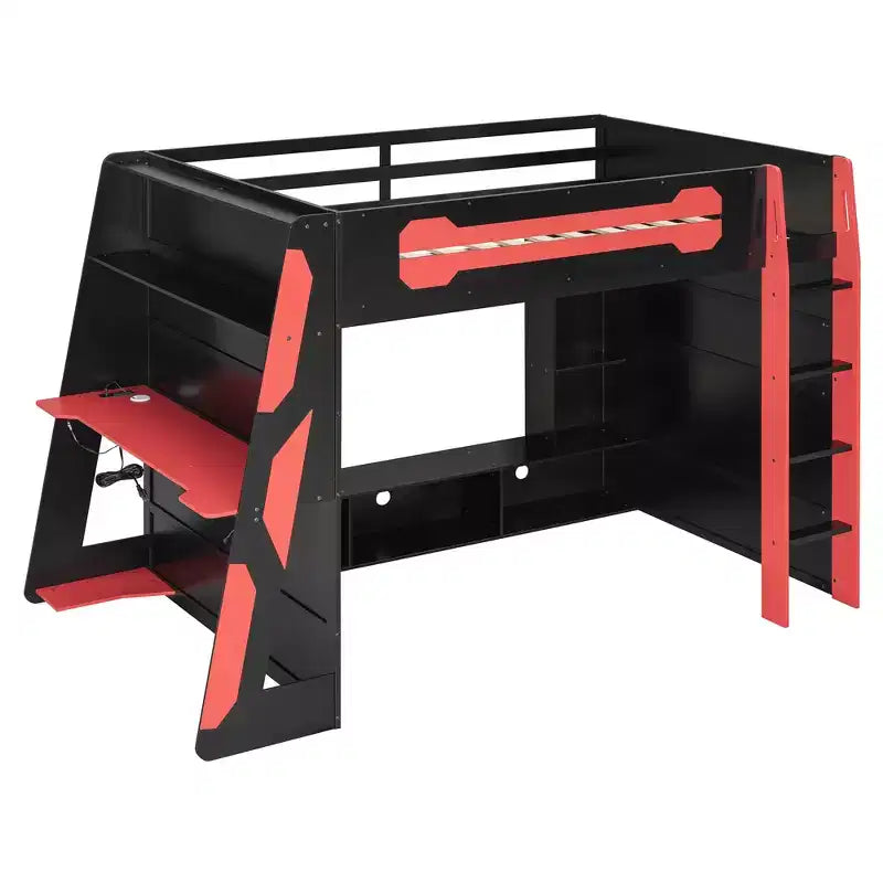 Letto a soppalco matrimoniale con scrivania, mensole, luci e stazione di ricarica, letto gaming in legno per adolescenti e adulti, nessuna molla necessaria