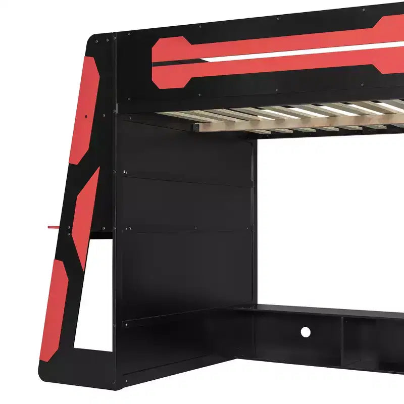Letto a soppalco matrimoniale con scrivania, mensole, luci e stazione di ricarica, letto gaming in legno per adolescenti e adulti, nessuna molla necessaria