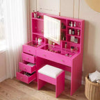 Tavolino da toeletta a 5 cassetti in truciolato rosa, con piano in vetro temperato, laminato con melamina testurizzata