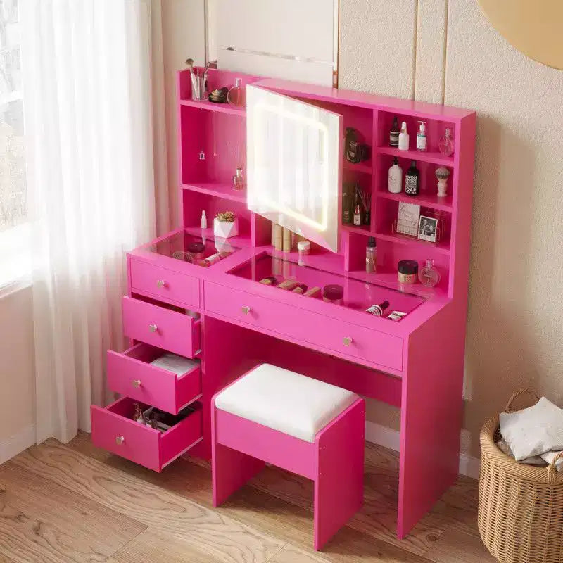 Tavolino da toeletta a 5 cassetti in truciolato rosa, con piano in vetro temperato, laminato con melamina testurizzata