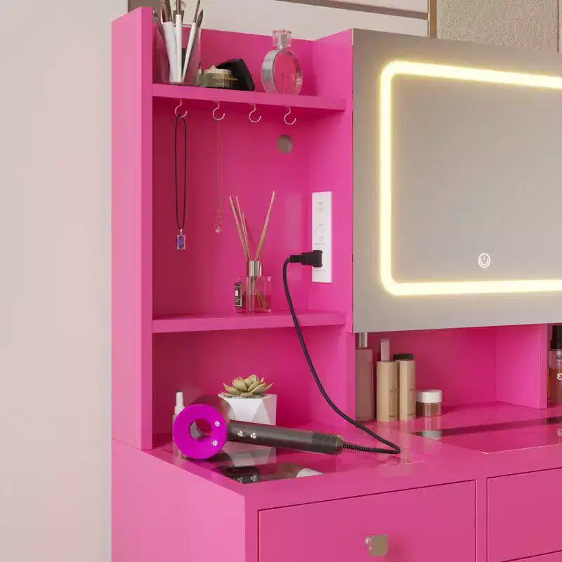 Tavolino da toeletta a 5 cassetti in truciolato rosa, con piano in vetro temperato, laminato con melamina testurizzata