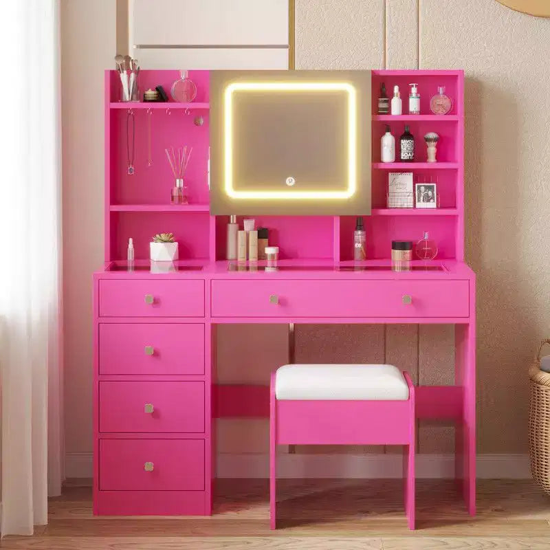 Tavolino da toeletta a 5 cassetti in truciolato rosa, con piano in vetro temperato, laminato con melamina testurizzata