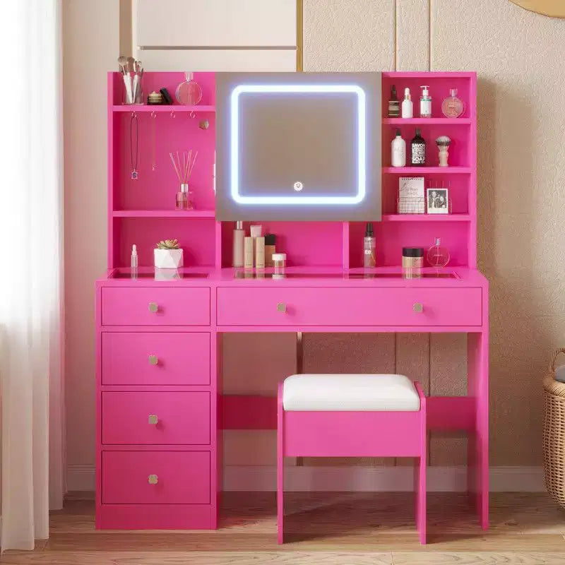 Tavolino da toeletta a 5 cassetti in truciolato rosa, con piano in vetro temperato, laminato con melamina testurizzata