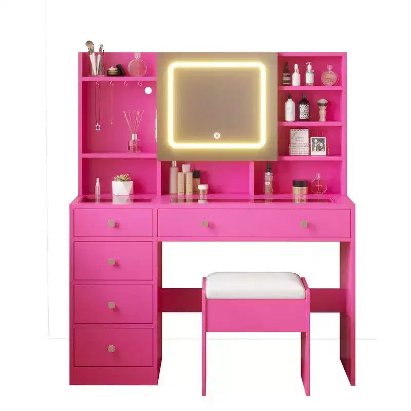 Tavolino da toeletta a 5 cassetti in truciolato rosa, con piano in vetro temperato, laminato con melamina testurizzata