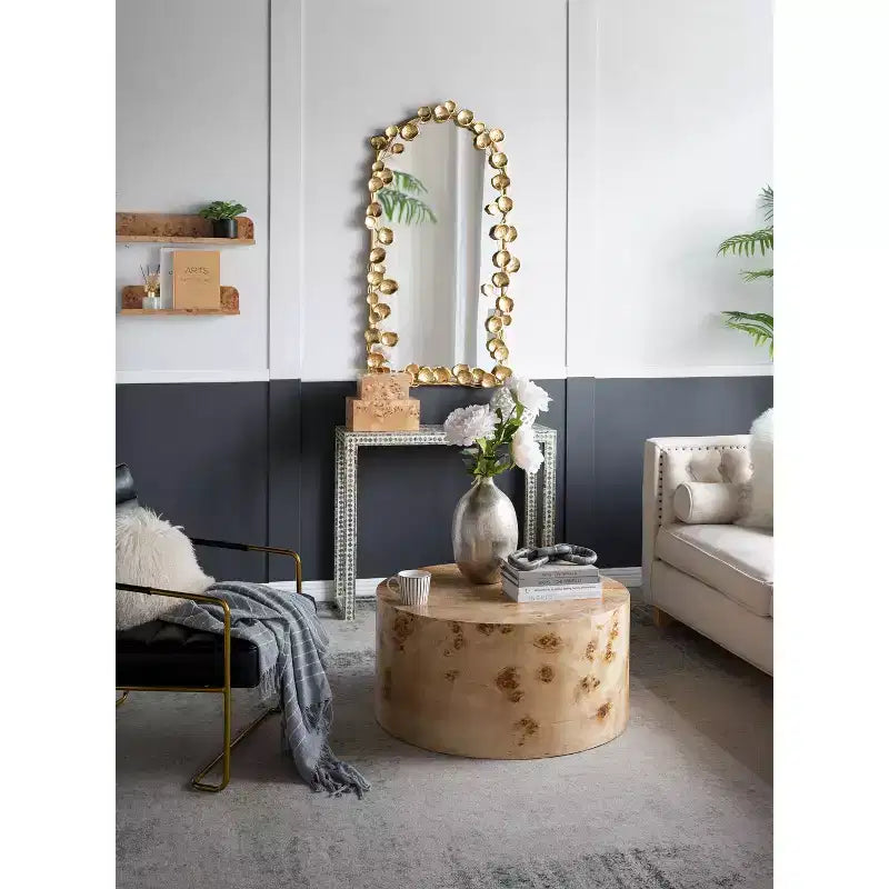 Specchio a tutta lunghezza ad arco 51.5*29IN con dettagli a foglie dorate, specchio decorativo da parete, specchio per il trucco, specchio per negozi di abbigliamento, oro