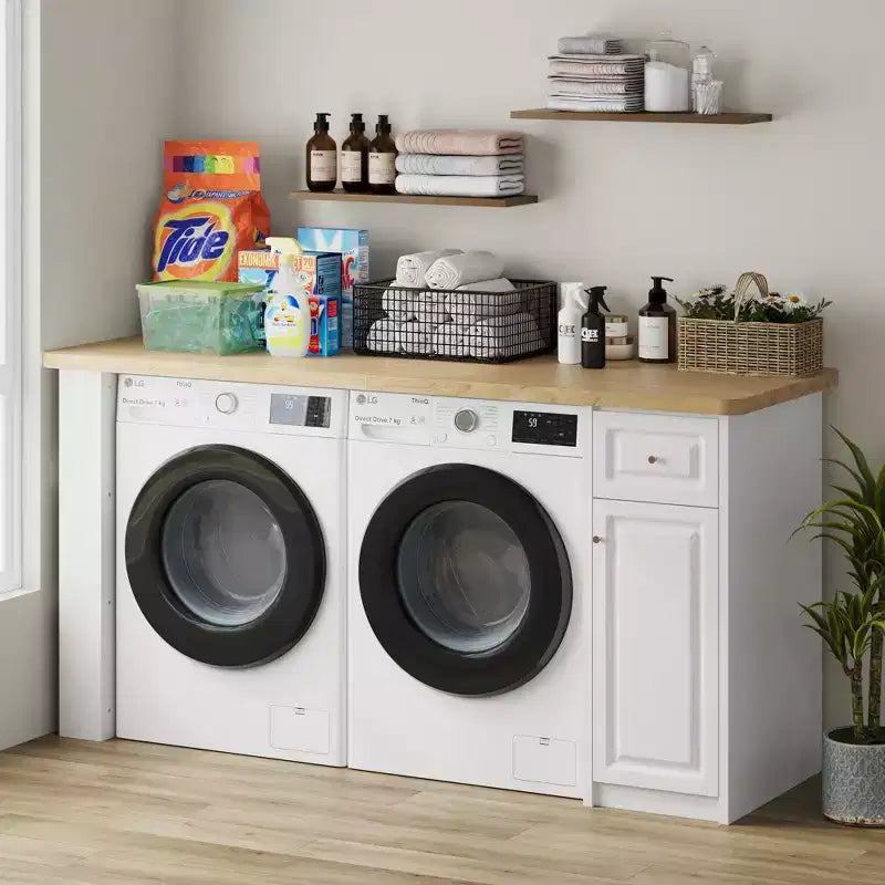 Famapy 82,6''L Piano d'appoggio per Lavanderia, Ripiano Lavatrice Asciugatrice, Ripiano Regolabile e Cassetto, Organizzazione Lavanderia, Mobile Contenitore Tavolo per Lavanderia