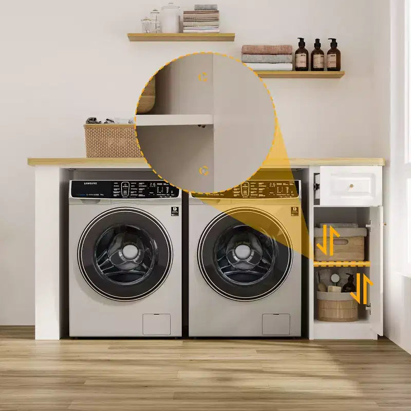 Famapy 82,6''L Piano d'appoggio per Lavanderia, Ripiano Lavatrice Asciugatrice, Ripiano Regolabile e Cassetto, Organizzazione Lavanderia, Mobile Contenitore Tavolo per Lavanderia