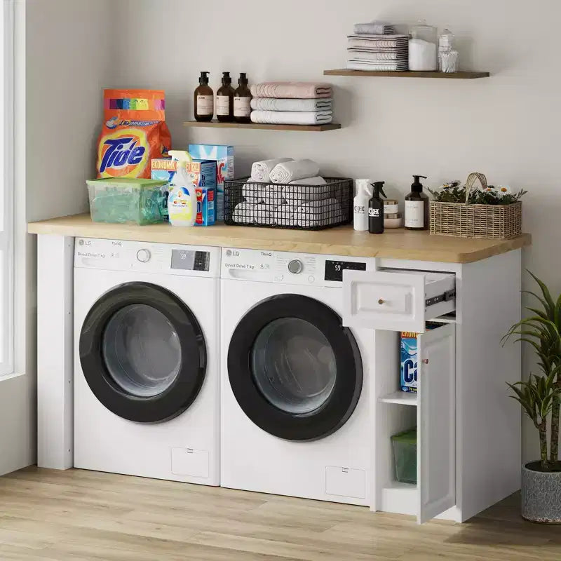Famapy 82,6''L Piano d'appoggio per Lavanderia, Ripiano Lavatrice Asciugatrice, Ripiano Regolabile e Cassetto, Organizzazione Lavanderia, Mobile Contenitore Tavolo per Lavanderia