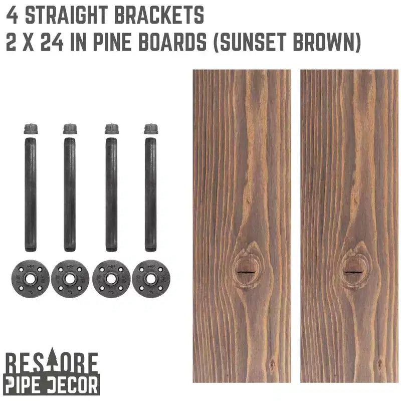 RESTORE Ripiani in marrone tramonto da 24 pollici con staffe diritte di Pipe Decor