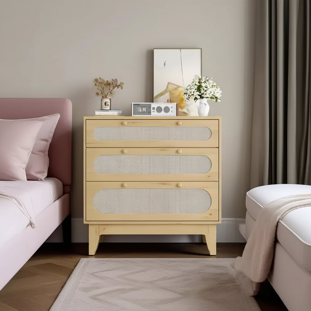 CuisinSmart 3 Drawer Dresser for Bedroom, 31.2 H Rattan Dressers & Chests of Drawers, Wood Storage Cabinet for Bedroom Hallway Living Room