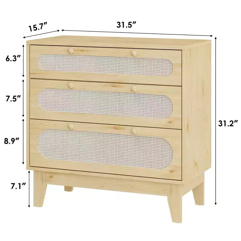Cassettiera a 3 cassetti CuisinSmart per camera da letto, cassettiere in rattan H 31.2, mobiletto in legno per camera da letto, corridoio, soggiorno