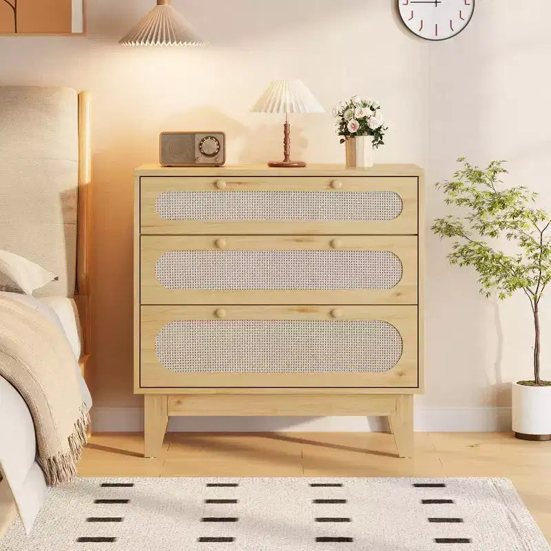 Cassettiera a 3 cassetti CuisinSmart per camera da letto, cassettiere in rattan H 31.2, mobiletto in legno per camera da letto, corridoio, soggiorno