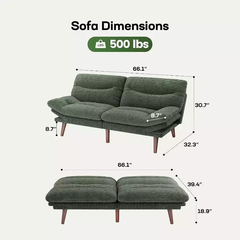 66.1 Divano Letto Futon, Divano Futon con Schienale e Braccioli Regolabili, Divano Letto Piccolo Convertibile per Appartamenti Piccoli, Studio, Ufficio