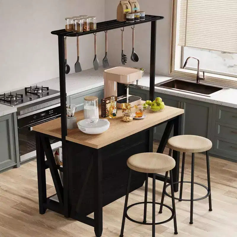 Isola da Cucina in Legno con Presa di Corrente e Luci a LED, Scaffale da Forno con Contenitori, Nero
